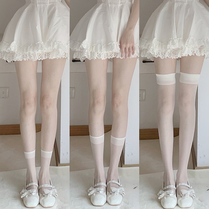 Milk White Jk Calf Ice Silk Socks Mid-Length Summer Thin Black Long Tube Over-The-Knee Stockings Transparent Short Socks Sy