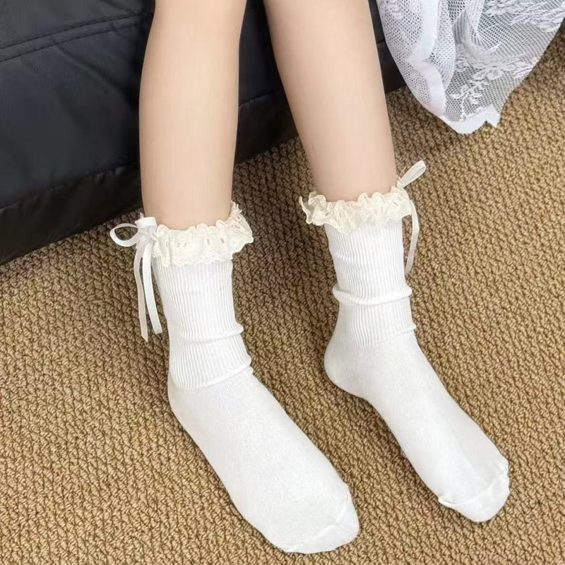 春夏潮韩系女学生白色蕾丝花边咖色可爱袜蝴蝶结小腿袜中筒堆堆袜|undefined