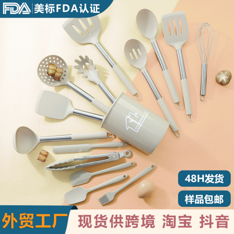 Cuchara de sopa de espátula de silicona transfronteriza juego de 15 piezas sartén antiadherente pala de silicona de acero inoxidable pala de silicona utensilios de cocina al por mayor