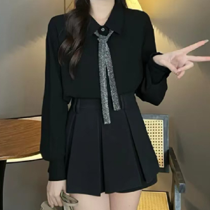 时尚套装女感洋气减龄休闲百搭长袖衬衫上衣显瘦百褶裙两件套女装|undefined