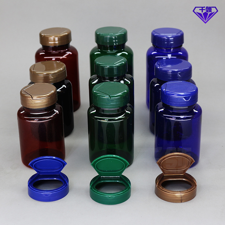 Botella de plástico PET semitapa abatible QL para suplementos vitamínicos y medicamentos, bloqueadora de luz, para cápsulas y tabletas.