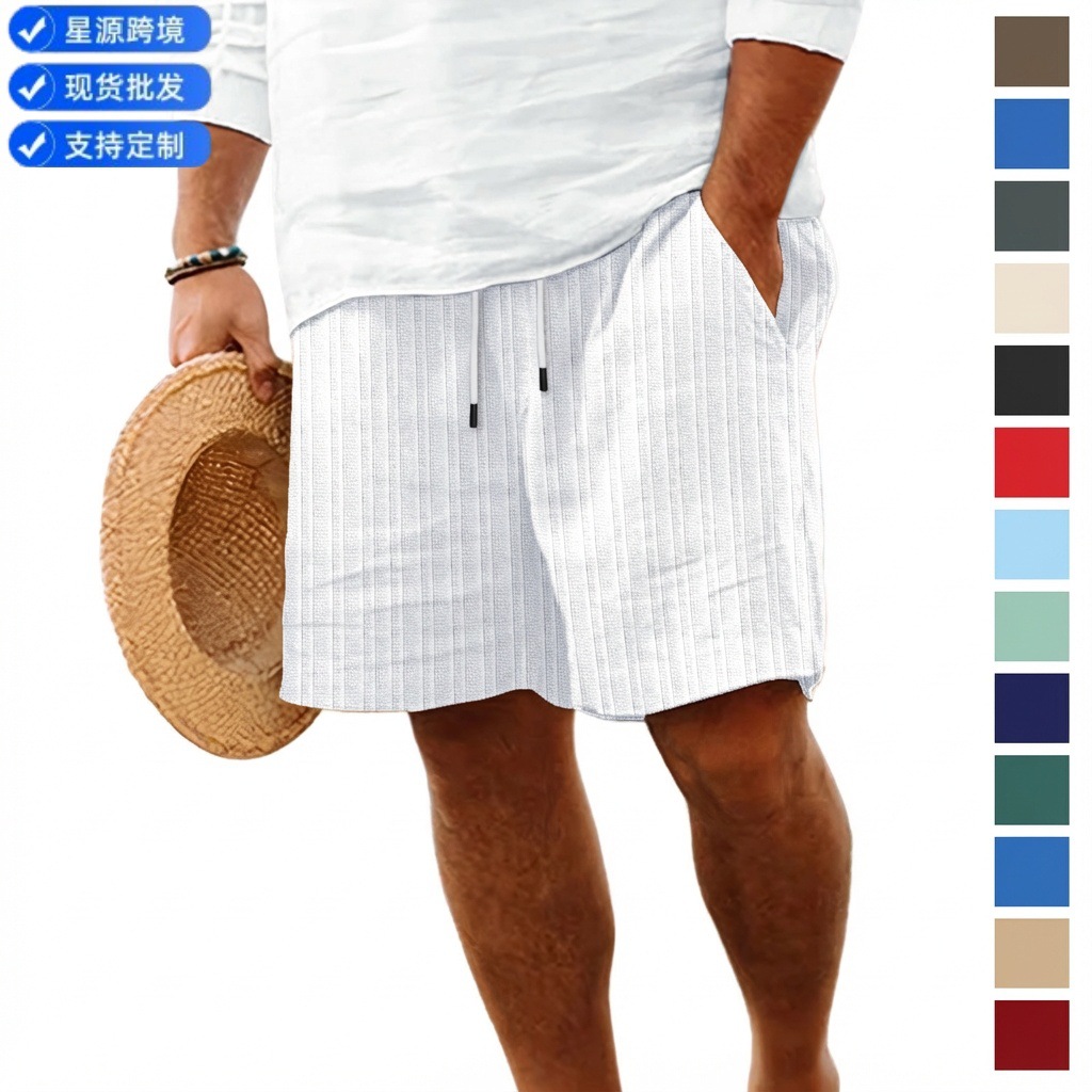2026 European and American Cross-Border Amazon Independent Site New Cotton and Linen Shorts with Multiple Pockets and Drawstring Men's Striped Beach Shorts
