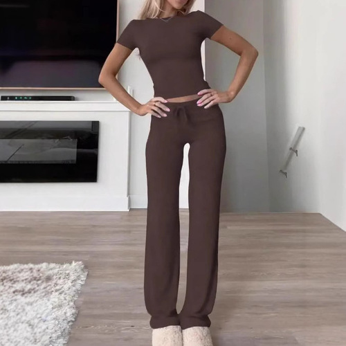 2025 Spring Cross-Border Women's Amazon Best Selling Solid Color Long Pants Short Sleeve Casual Fashion Two-Piece Set
