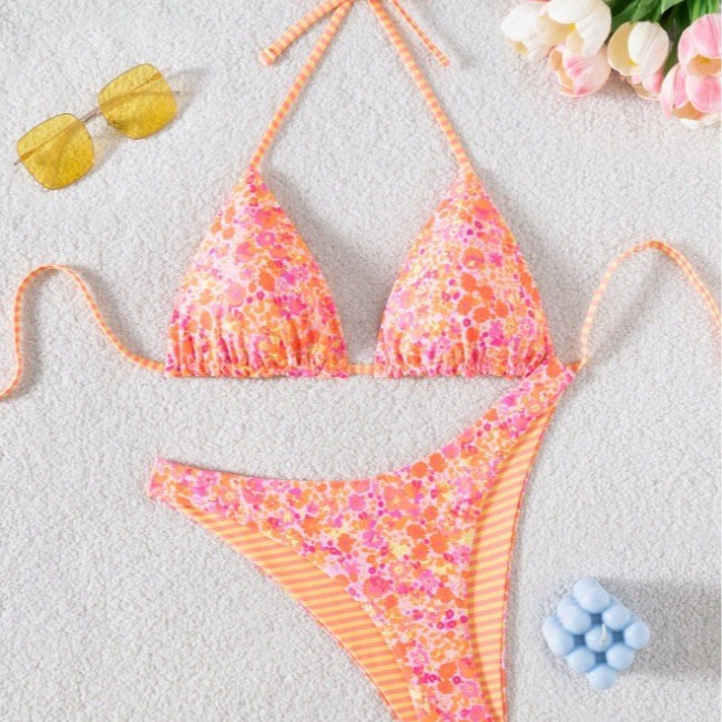 2025 New Bikini Small Fresh European and American Fashion Sexy Swimsuit Women's Printed Two-Piece Bikini Swimsuit