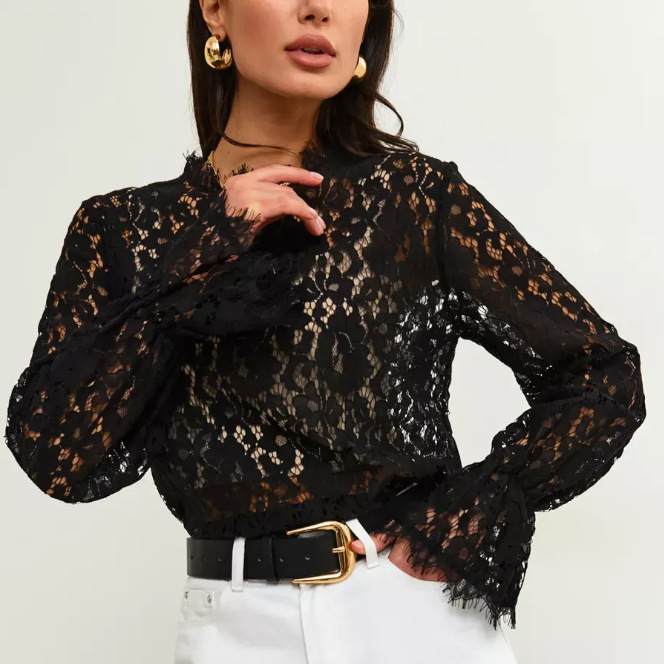 Gentle Style Eyelash Lace Stand-Up Collar Shirt for Women, See-Through Bell Sleeves, Sexy Versatile Inner Top, Black and White Colors Gentle Style Eyelash Lace Stand-Up Collar Shirt for Women, See-Through Bell Sleeves, Sexy Versatile Inner Top, Black and White Colors
