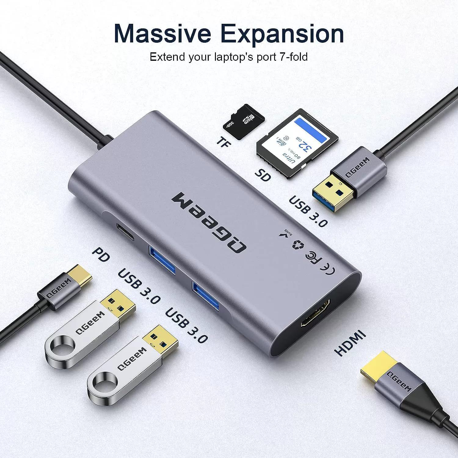 Док-станция QGeeM 7-в-одном Type-C с поддержкой HDMI HD 4K видео, блок питания, совместимый с несколькими портами USB компьютер