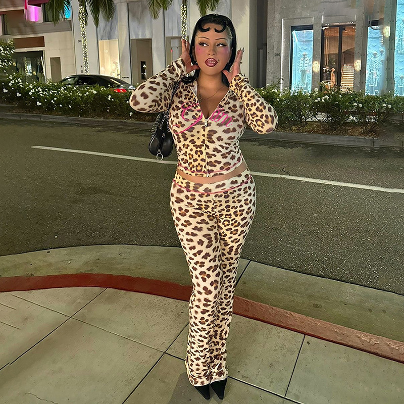 Cross-Border European And American Style 2024 Summer New Printed Hooded Cardigan Top Leopard Print High Waist Tight Long_ecoleips.com