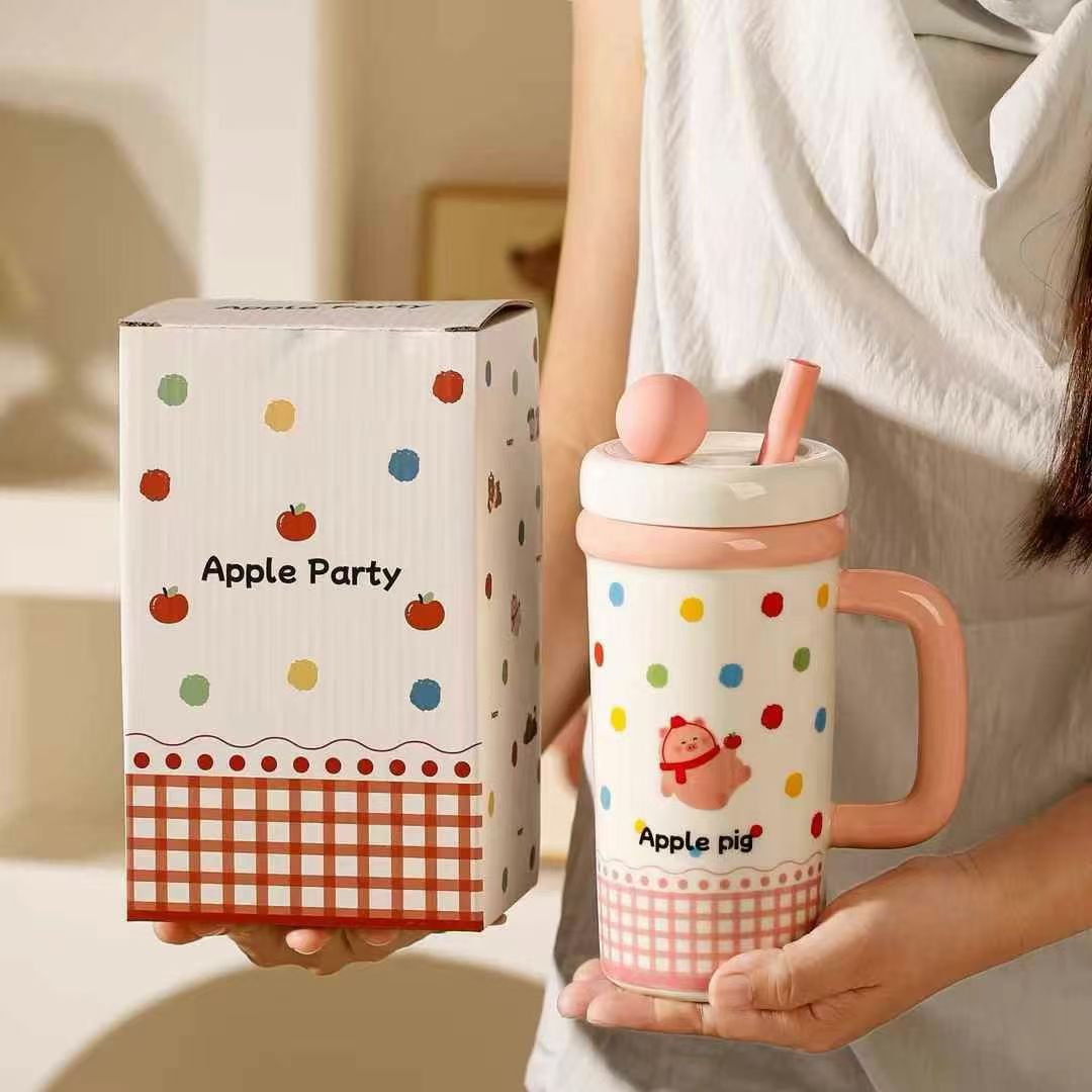 2025 nueva taza de hielo de dibujos animados taza de gran capacidad de animales niñas lindas tazas de paja de alto valor facial estudiantes para la escuela