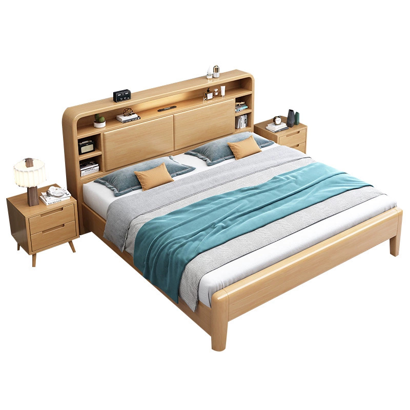 Cama de madera maciza nórdica 1,8 cama suave con luz de noche cama doble 1,5 m moderno simple pequeño apartamento dormitorio cama de almacenamiento