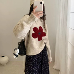 韩系羊驼绒花朵提花圆领针织毛衣女秋冬新慵懒风套头针织衫上衣