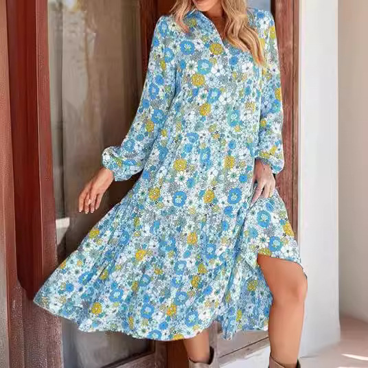 2024 New Casual Loose Long Sleeve V-Neck Women's Bohemian Floral Elegant A- line Dress