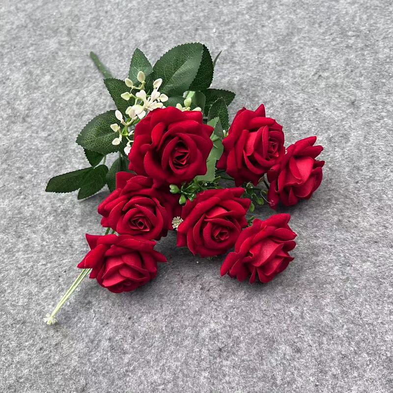 Artificial rose 6-head 7-handle bunch flannel rose artificial flower making corsage wedding home decoration wholesale flower material