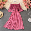 Flared off shoulder sleeve straight line holiday long skirt edge Chiffon lotus leaf Beach Dress shoulder skirt