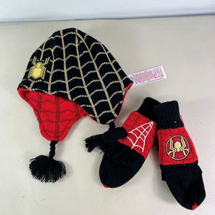 Foreign trade children's ear protection knitted hat fur ball braid fleece-lined Spider-Man dinosaur hat gloves two-piece set