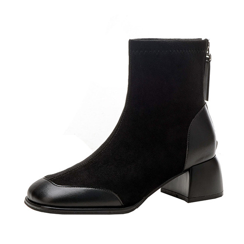 French-style square-toe slim women's autumn and spring fashion temperament splicing fur surface retro thick-heeled soft-soled short boots