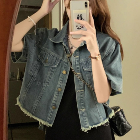 Vintage Hong Kong Style Short-sleeved Denim Shirt Coat Women's Summer Loose All-match Short Jacket Top for Small Size