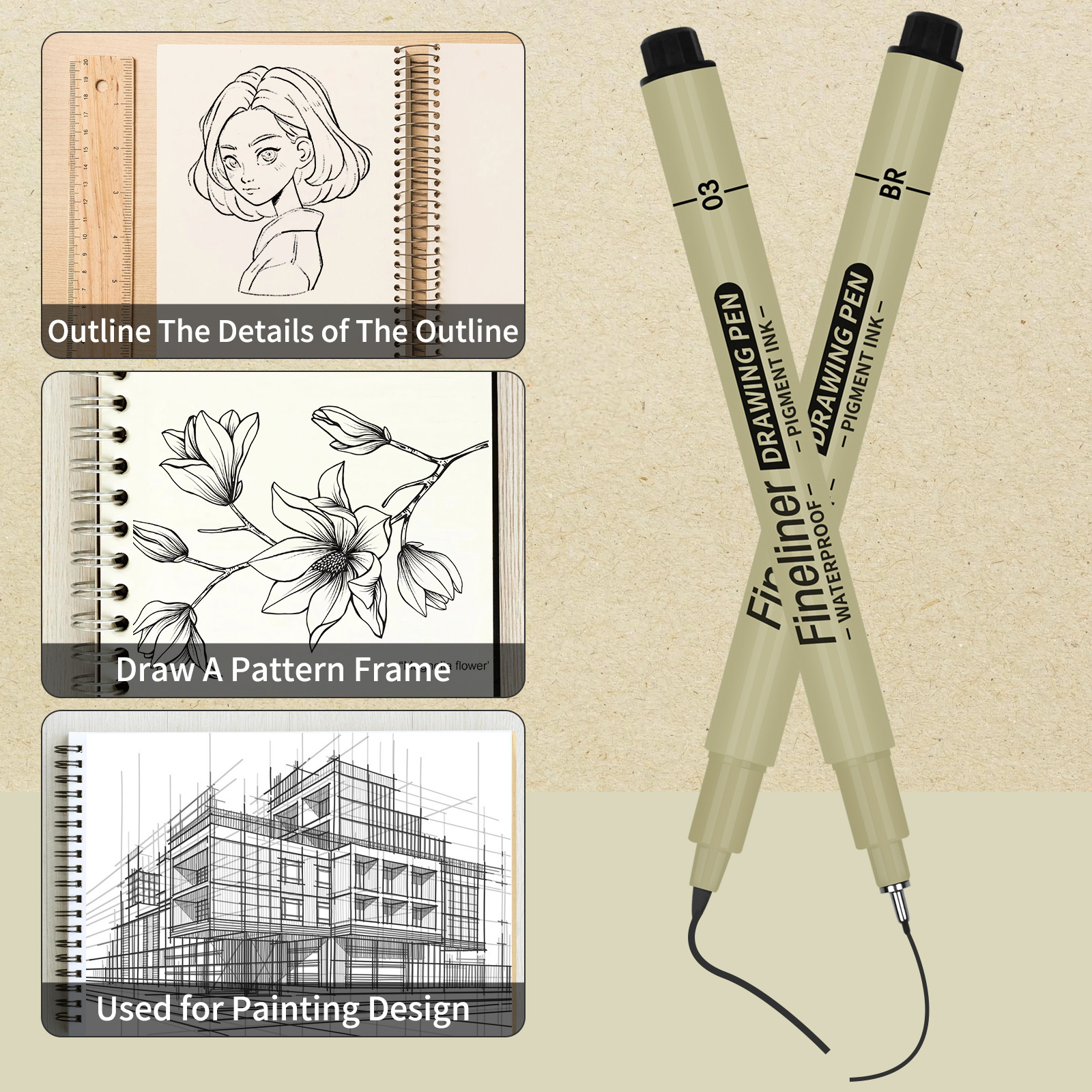 Cross-border popular art liner pen, water-resistant, quick-drying, black needle-point pen for drawing, comic outlining, and hand-drawing for art students