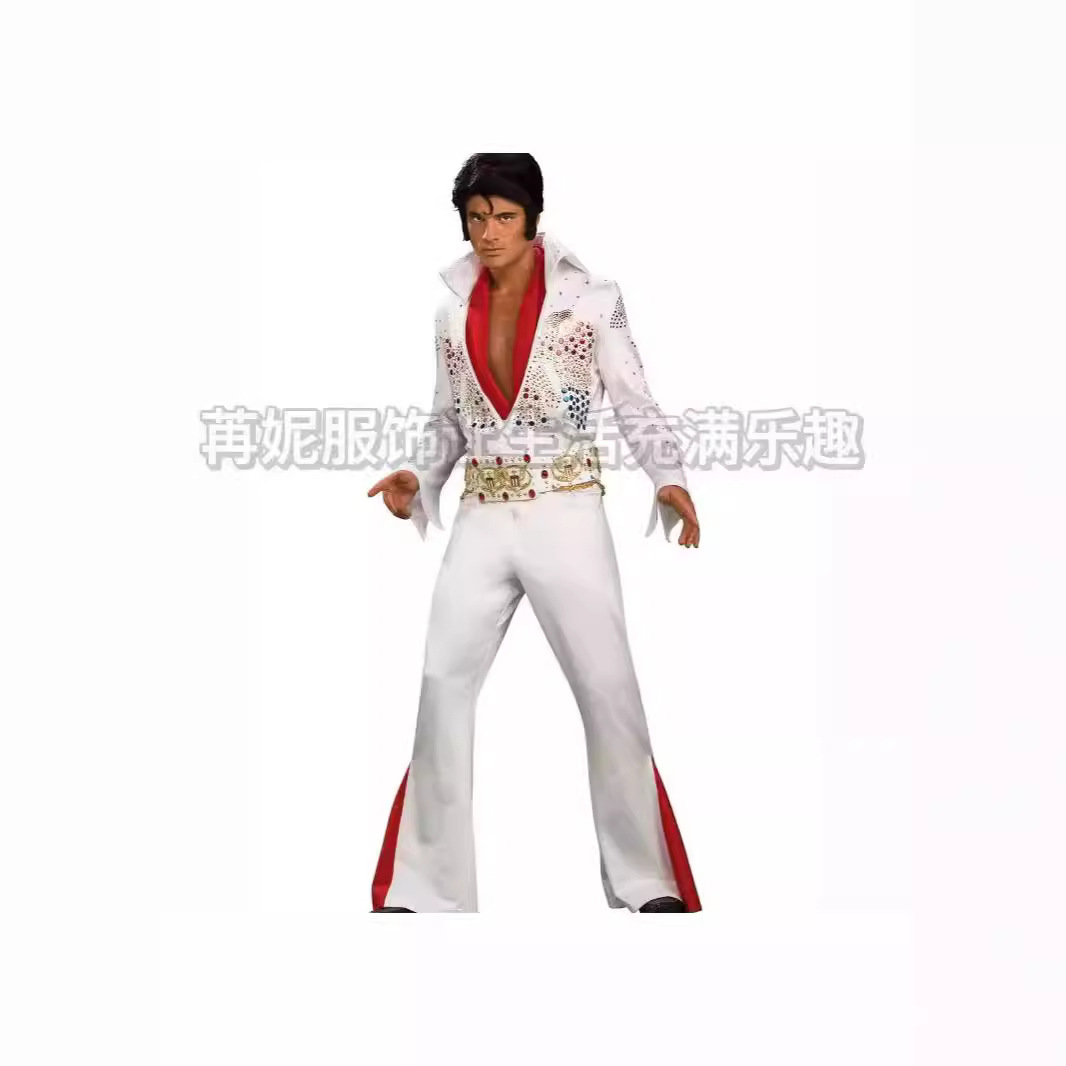 thumbnail image 1 of Disfraces de Halloween 2024 Disfraz de Elvis Presley, cantante de rock, blanco, para hombre y mujer, para cosplay, para fiestas al aire libre, espectáculos, bailes, 1 of 5