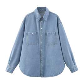 TAOP&ZA早秋新款女装通勤时尚休闲百搭宽松单排扣牛仔衬衫4083225