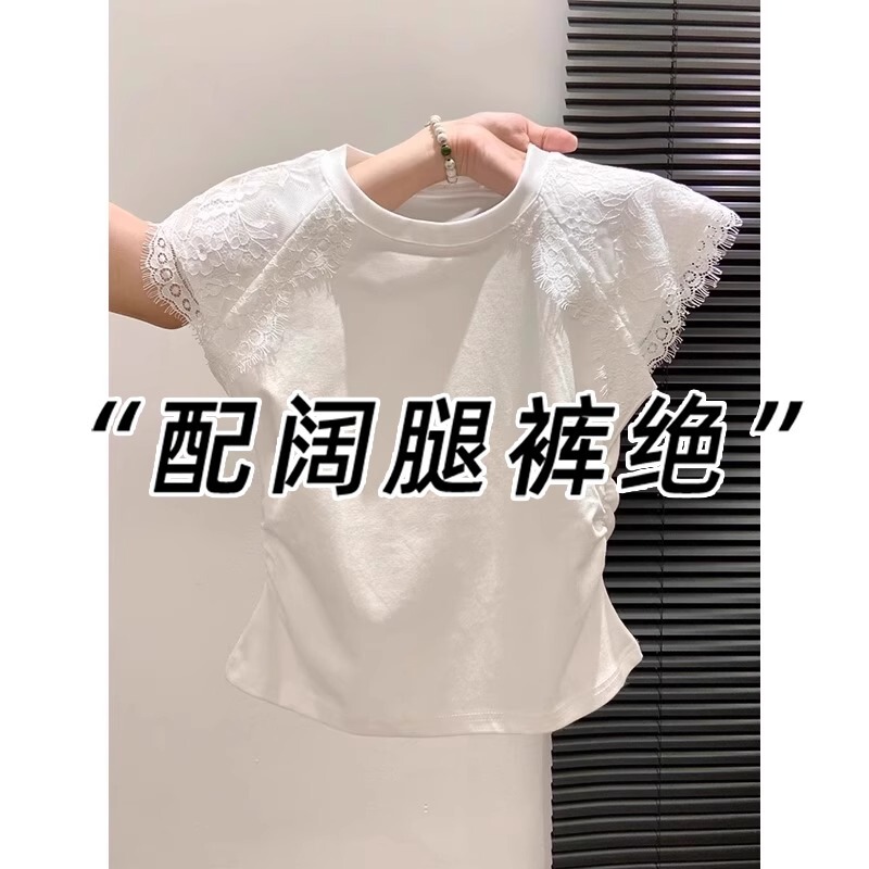 Brand Export ~ Cut Label Counter Lace Splicing Round Neck Short-Sleeved T-Shirt Pleated Waist Small Flying Sleeve Short Top