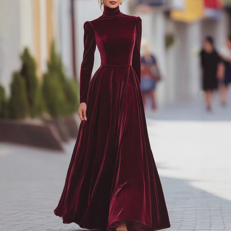 European and American Cross-Border Export Women's Autumn and Winter Gold Velvet High Collar Puff Sleeves Waist Large Skirt Elegant Long Dress