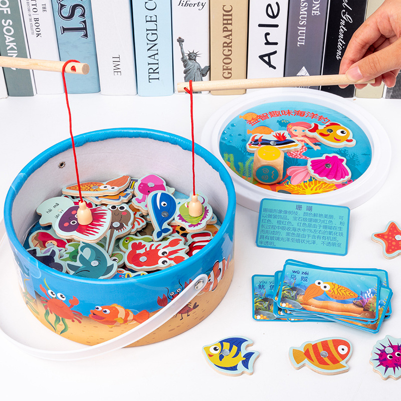 Wooden magnetic marine cognitive interactive toy for fishing for…