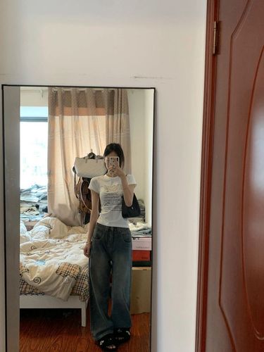 【40 Pieces Cotton-Imitation】Square-Neck Short-Sleeve Women's Letter Print Slim Fit Short-Sleeve Top White American Style