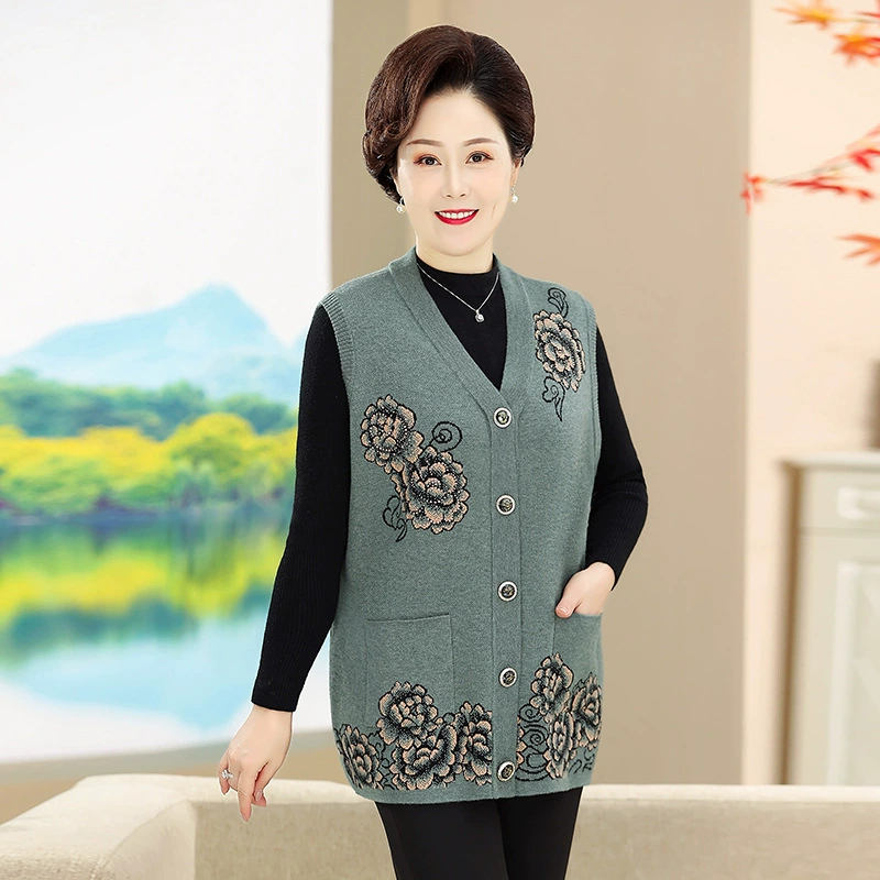 035 Шерстяной кардиган большого размера для женщин среднего и старшего возраста, утолщенная версия.