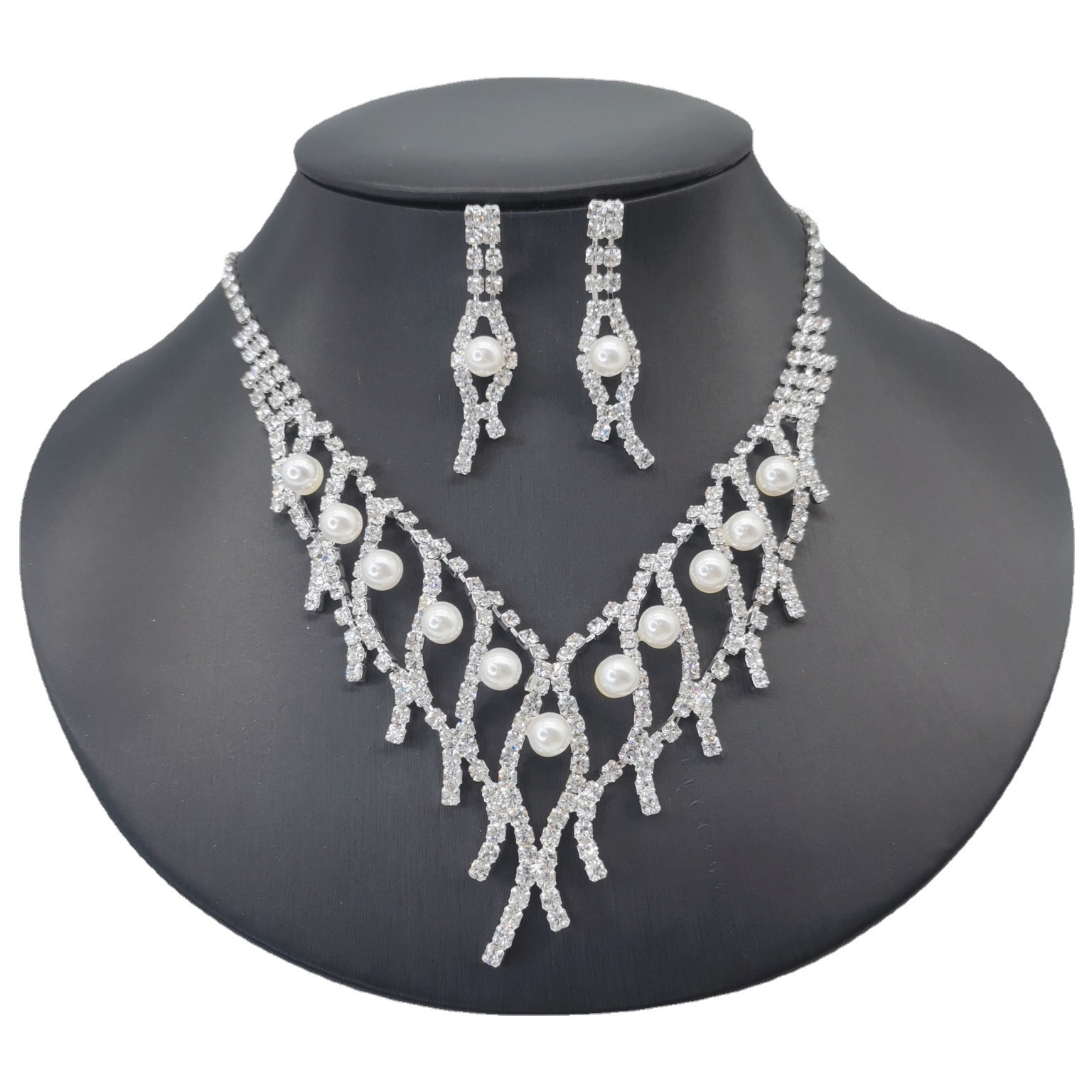 Plating Design Fashion Geometric Rhinestone Plating Earrings Necklace 1 Set