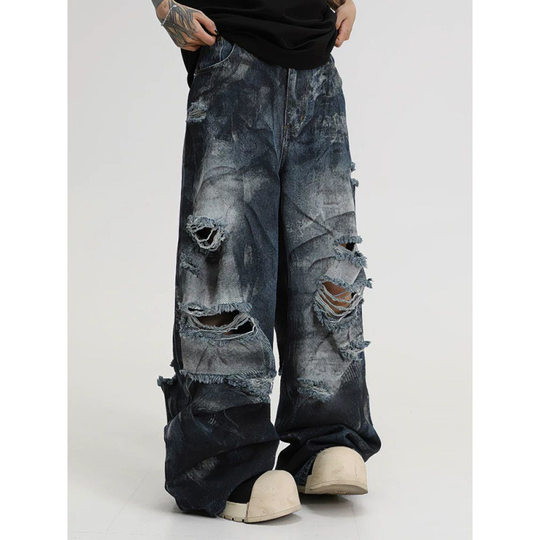 American High Street Inkjet Ripped Jeans for Men and Women Summer 2025 New Heavy-Duty Washed Handsome Street Wide-Leg Pants