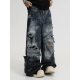 American High Street Inkjet Ripped Jeans for Men and Women Summer 2025 New Heavy-Duty Washed Handsome Street Wide-Leg Pants