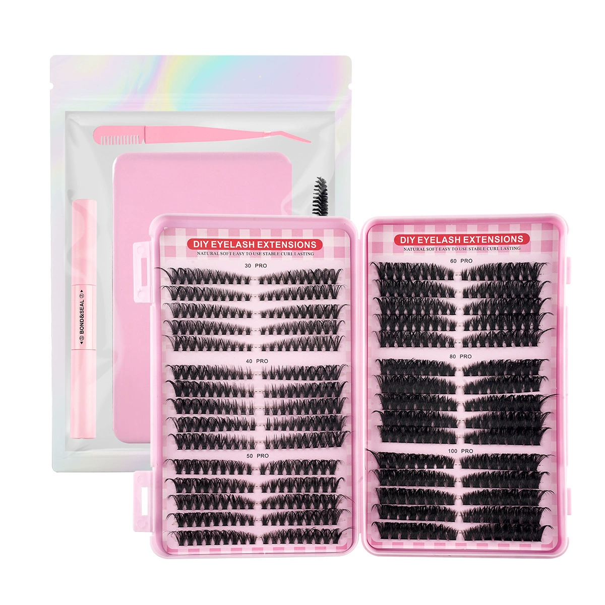 Segmented eyelash extensions tray, pink 570-tuft mixed 30–100D, large capacity DIY kit