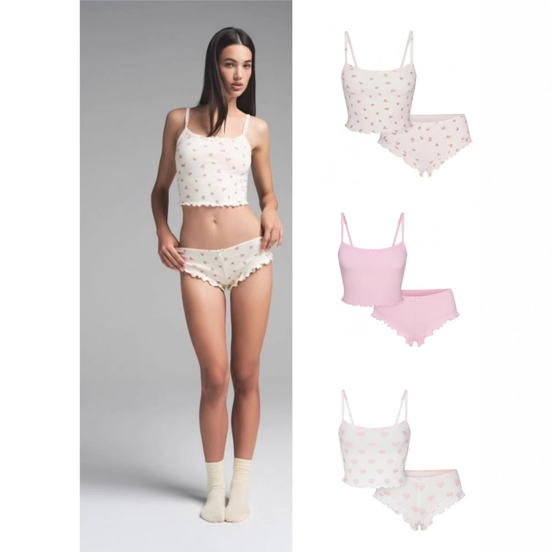 Skims Kardashian Same Style European and American Sexy Logo Pointelle Valentine's Day Floral Cut Out Cotton Suit