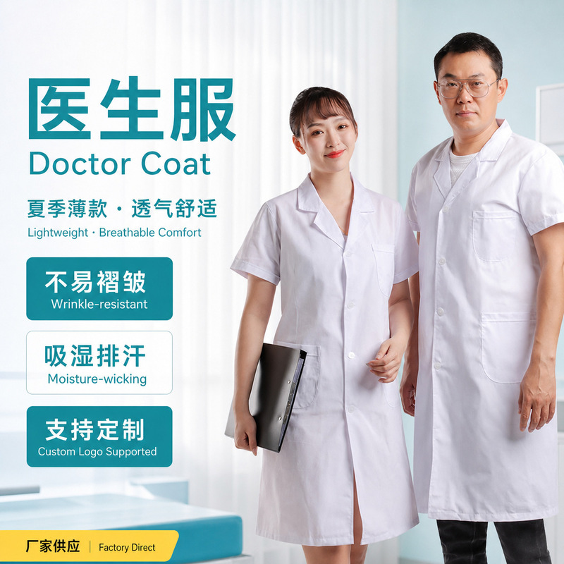 White Lab Coat Doctor Nurse Uniform Summer Thin Short-Sleeved Laboratory Work Clothes Men and Women Summer Wear Doctor Uniform Professional