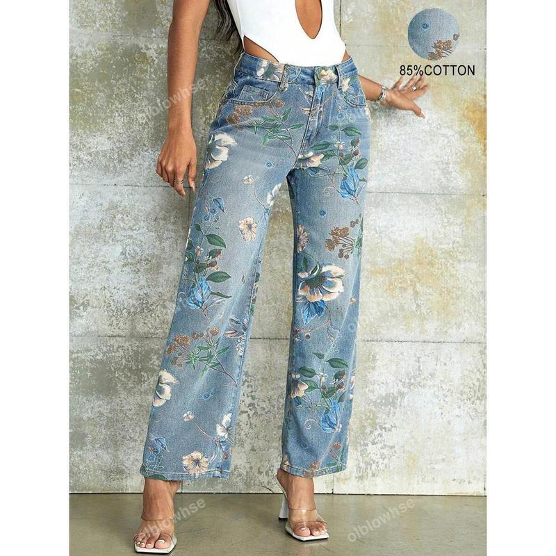 2025 New Cross-Border Dropshipping 90S Retro Floral Print High-Waisted Wide-Leg Pants with Diagonal Pockets