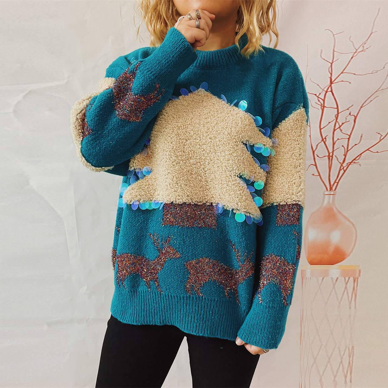 Women's Clothing Christmas Holiday Sweater Handmade Sequined Christmas Tree Deer Jacquard Thickened Pullover_voghion.com