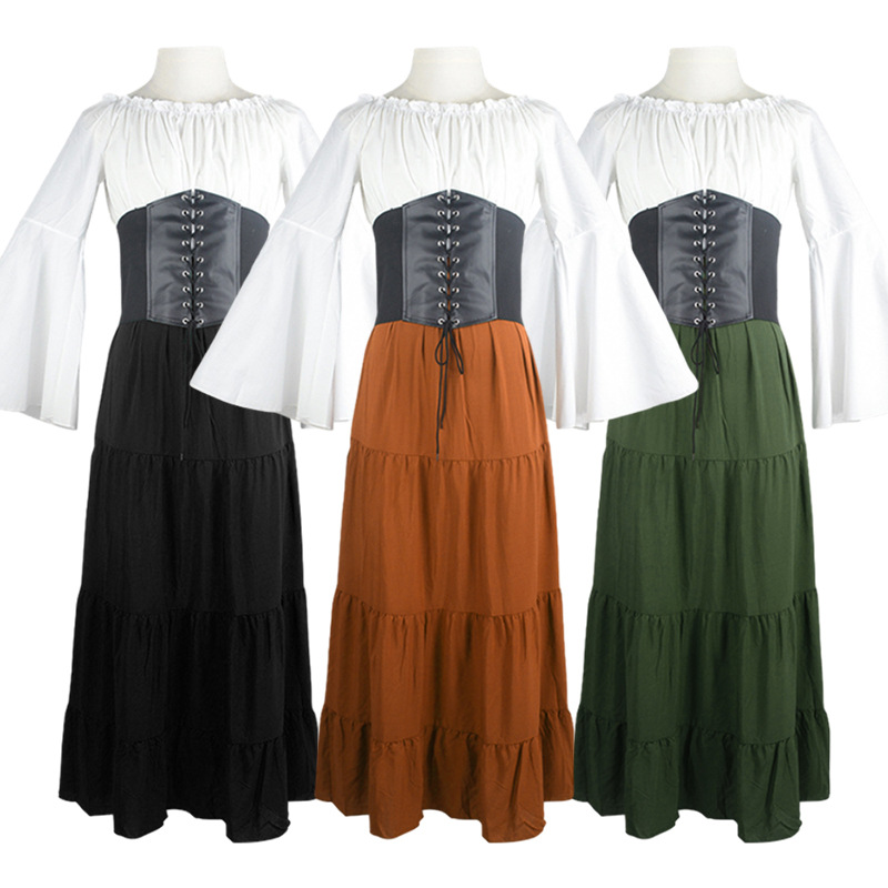 New 2023 European and American Bell Sleeve Dress with One-Shoulder Waist Cinch Victoria Long Skirt, Foreign Trade Retro Women's Clothing