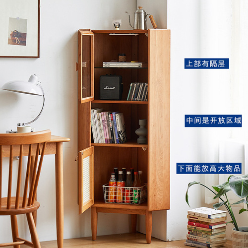 Nordic cherry wood corner cabinet simple solid wood side cabinet Japanese modern living room study dining room storage cabinet glass door cabinet