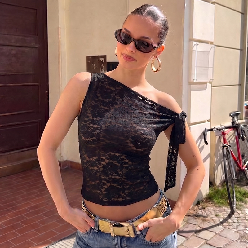 Europe, America 2026 Summer New Fashionable And Sexy Lace Mesh Composite Slim-fitting Semi-transparent Diagonal Neck Lace-up Top_ecoleips.com