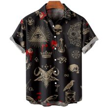跨境外贸夏季新款复古男式衬衫恶魔恐怖骷髅头短袖衬衫翻领3D打印