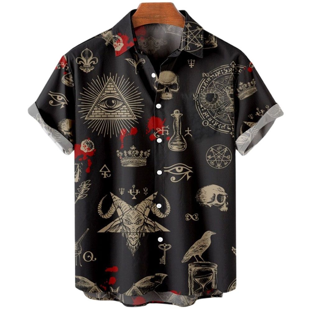 跨境外贸夏季新款复古男式衬衫恶魔恐怖骷髅头短袖衬衫翻领3D打印