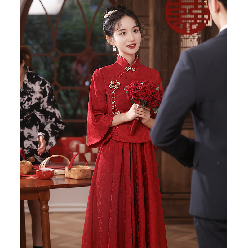 新中式红色旗袍敬酒服新娘春季长袖两件套订婚礼服裙春天婚服套装