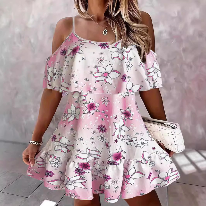 2024 Foreign Trade Summer European and American New Bohemian Flower Printed Elegant Cold Shoulder Pleated Sling dress