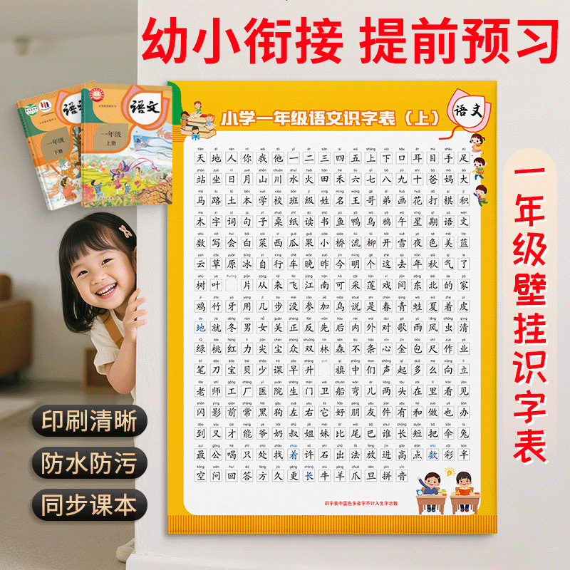 First Grade Synchronized Literacy Table Wall Chart Volume 1 and 2 People's Education Edition Primary School Students Chinese Textbook Word List Recognition Wall Stickers
