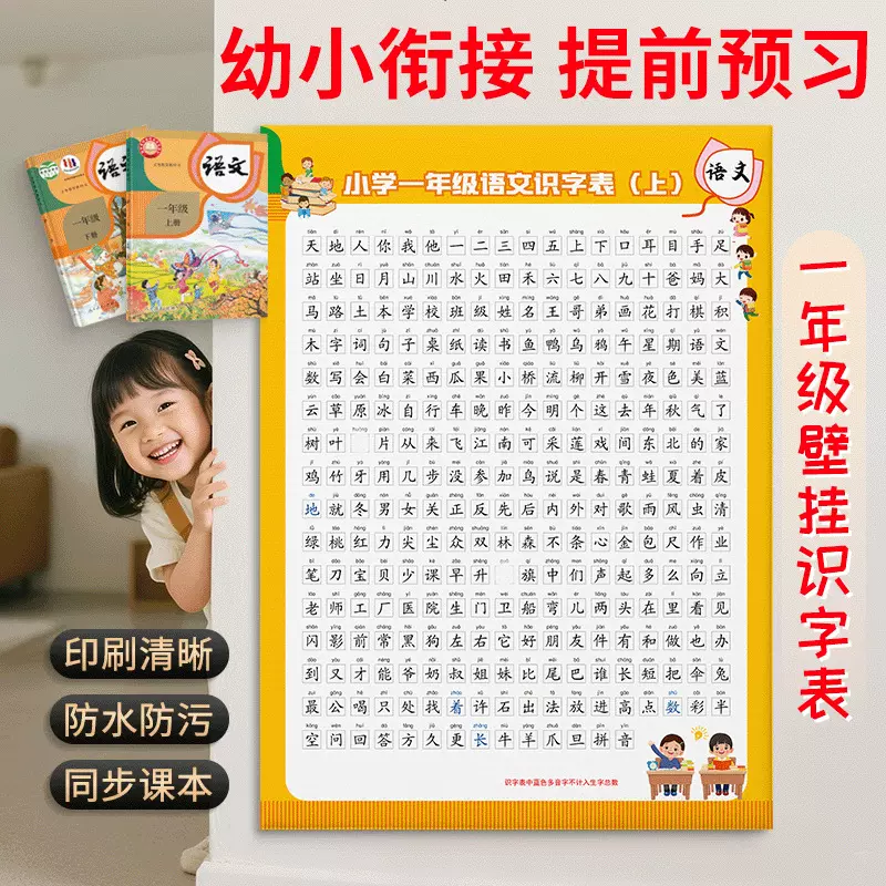 一年级同步识字表挂图上下册人教版小学生语文课本生字表认字墙贴