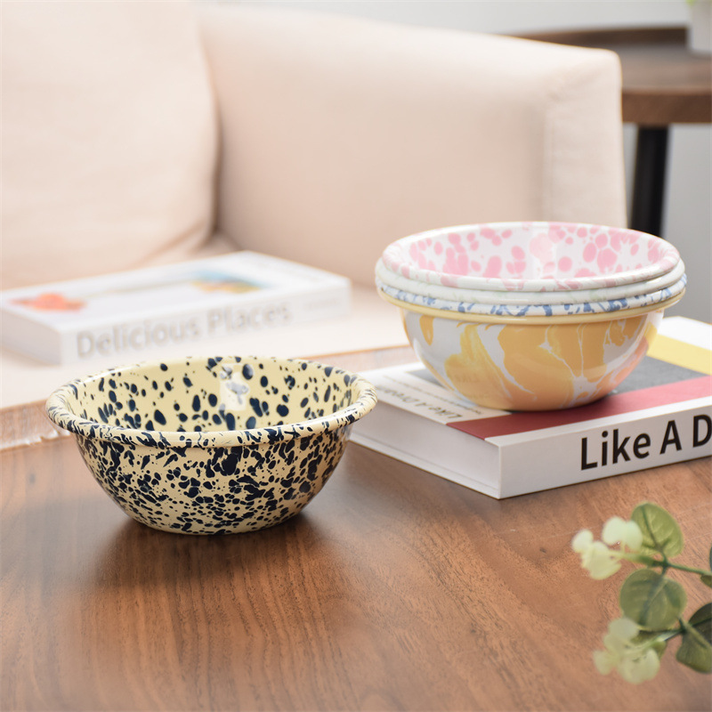 Ins Korean-style splash ink enamel camping vintage oatmeal bowl fruit bowl yogurt bowl breakfast plate simple tableware enamel