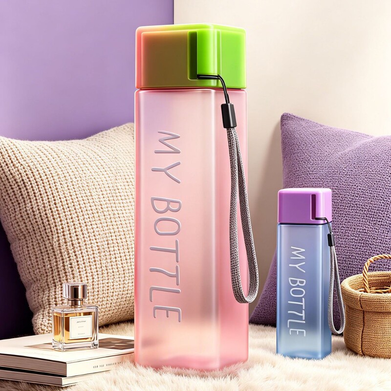 Transparent square single-layer plastic water cup, straight-style yoga model with handle strap, fitness yoga soothing cup Transparent square single-layer plastic water cup, straight-style yoga model with handle strap, fitness yoga soothing cup