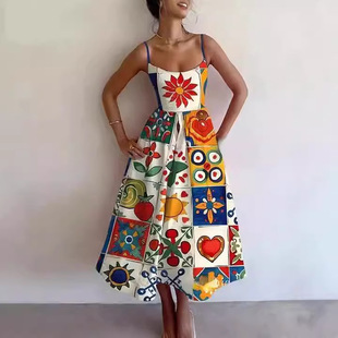 2024 Independent Station New Amazon Cross-border Women's Sling Long dress 3D Digital Printing European and American plus size