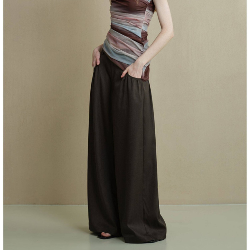Someone Soft and Breathable Loose Wide-Leg Pants for Women with Pocket Pleats Design, Brown Casual Pants