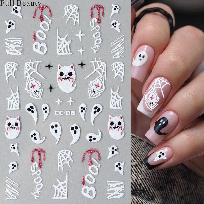 FULLBEAUTY cross-border new Halloween nail art stickers ghost spider web pink glitter adhesive nail glue FULLBEAUTY cross-border new Halloween nail art stickers ghost spider web pink glitter adhesive nail glue